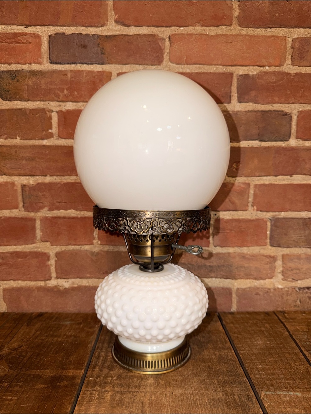 White Hobnail Milk Glass Table Lamp with Brass Accents